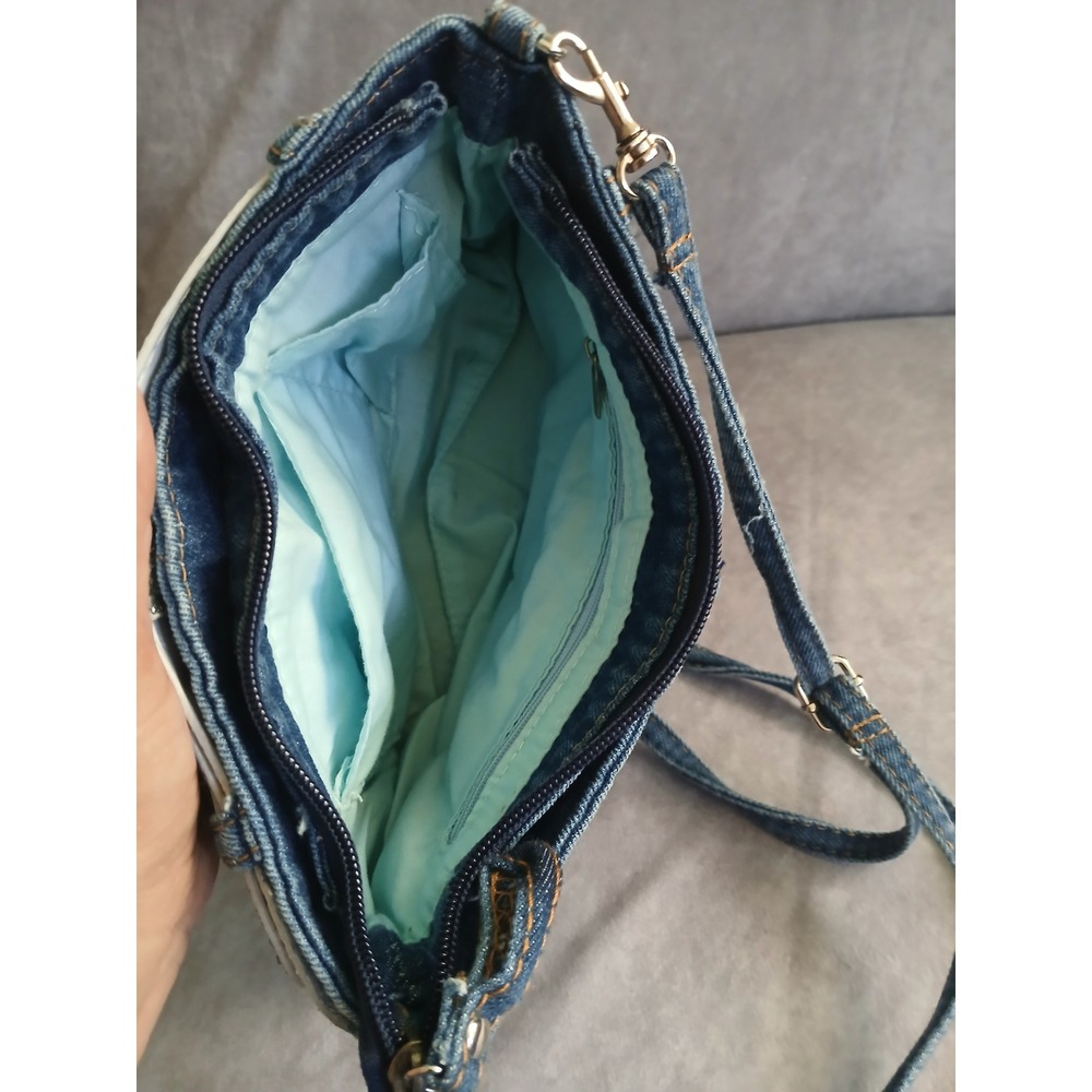 Y2K Denim Pocket Crossbody Bag Blue Jean Purse with Silver Glitter Belt Small - Picture 5 of 8